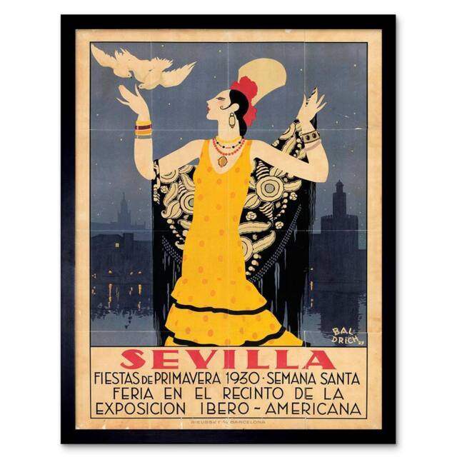 "Wee Blue Coo Seville Spain American Festival Woman Bird Framed Wall Art Print in Blue - Size: W12"" x H16""" - image 1