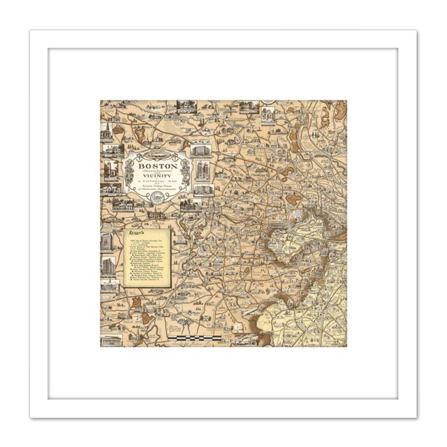 Artery8 Map Ernest Dudley Chase 1938 Boston Ma Pictorial 8X8 Inch Square Wooden Framed Wall Art Print Picture with Mount in White - image 1