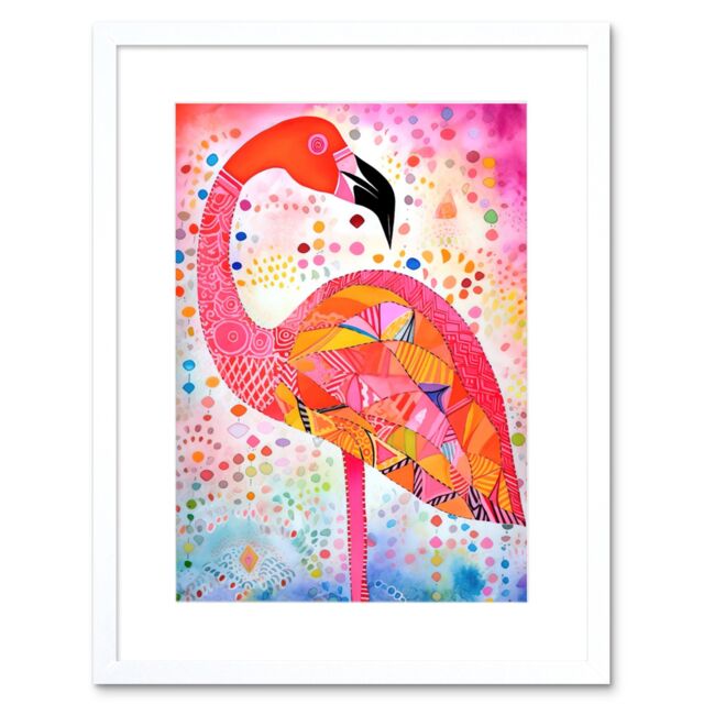 "Artery8 Wall Art Print Flamingo Folk Art Watercolour Painting Artwork Framed 9X7 Inch in White - Size: W7"" x H9""" - image 1