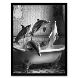 "Artery8 Dolphins Playing in Bathtub Black White Surreal Framed Art Print in Grey - Size: W12"" x H16""" - thumbnail 1