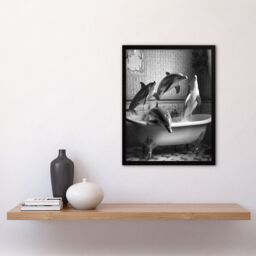 "Artery8 Dolphins Playing in Bathtub Black White Surreal Framed Art Print in Grey - Size: W12"" x H16""" - thumbnail 4