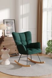 Living and Home Green Linen Check Tufted Rocking Chair - thumbnail 2