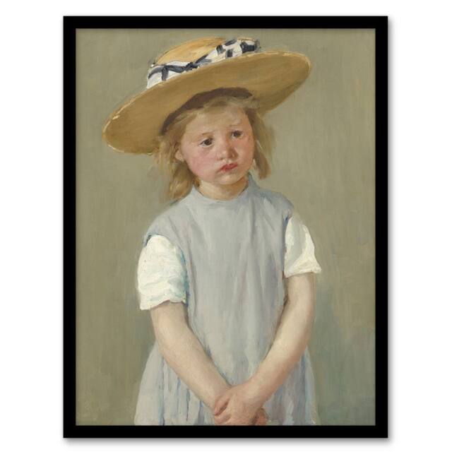 Artery8 Child in a Straw Hat Painting Cassatt Vintage Framed Wall Art Print in Grey - Size: A4 - image 1