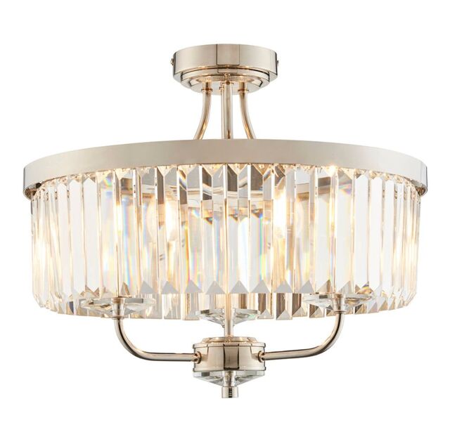 Loops Bright Nickel Semi Flush Ceiling Light with Clear Cut Glass 3 Bulb Low Hanging in Metallics - image 1