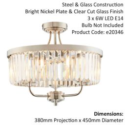 Loops Bright Nickel Semi Flush Ceiling Light with Clear Cut Glass 3 Bulb Low Hanging in Metallics - thumbnail 2