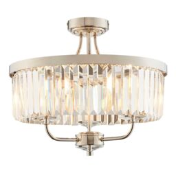 Loops Bright Nickel Semi Flush Ceiling Light with Clear Cut Glass 3 Bulb Low Hanging in Metallics - thumbnail 1