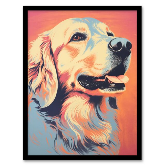 Artery8 Wall Art Print Golden Retriever Dog Pastel Tone Screen Risograph Artwork Spot Block Colour Duotone Retro Riso Interior Design Art Framed - image 1
