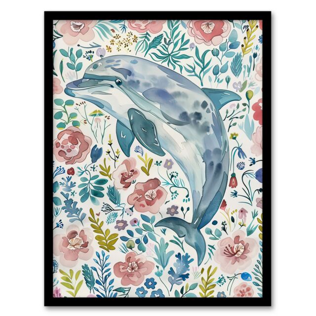 "Artery8 Dolphin with Wildflowers Pink Blue Watercolour Framed Wall Art - Size: W12"" x H16""" - image 1