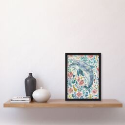 "Artery8 Dolphin with Wildflowers Pink Blue Watercolour Framed Wall Art - Size: W12"" x H16""" - thumbnail 4