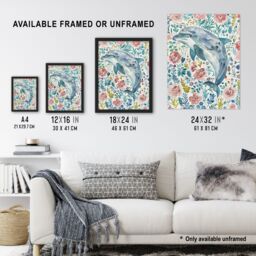 "Artery8 Dolphin with Wildflowers Pink Blue Watercolour Framed Wall Art - Size: W12"" x H16""" - thumbnail 3