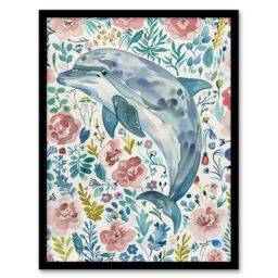 "Artery8 Dolphin with Wildflowers Pink Blue Watercolour Framed Wall Art - Size: W12"" x H16""" - thumbnail 1