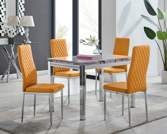 FurnitureboxUK Enna White Glass Extending 4-6 Seater Dining Table & 4 Milan Faux Leather Chairs in Mustard - image 1
