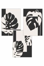 ARTZE Set of 3 Mid Century Monstera in Black & Ivory Art Posters in Charcoal - Size: W50 cm x H70 cm - thumbnail 1