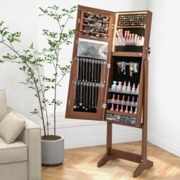 Costway Standing Jewelry Cabinet Lockable Jewelry Armoire w/ LED Lights in Brown - thumbnail 4