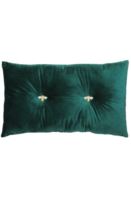 Paoletti Bumble Bee Embroidered Buttoned Velvet Ready Filled Cushion in Emerald - Size: 30 cm x 50 cm - image 1