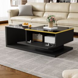Matteo Modern High-Gloss Black Coffee Table - LED & Storage - thumbnail 4