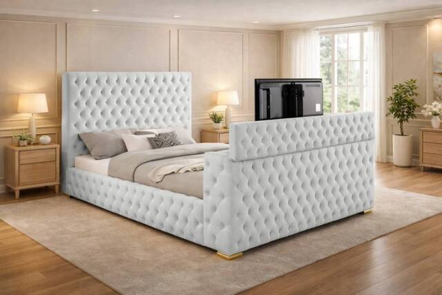 PARADISE BEDS LTD Mariana Chesterfield Upholstered TV Bed Frame With Gas Lift Storage in Silver - Size: King - image 1