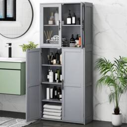 EONLION Broom Closet Storage Cabinet Wooden Utility Organizer in Grey