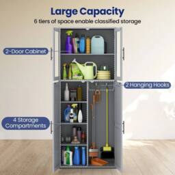 EONLION Broom Closet Storage Cabinet Wooden Utility Organizer in Grey - thumbnail 5