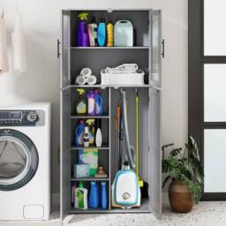 EONLION Broom Closet Storage Cabinet Wooden Utility Organizer in Grey - thumbnail 3