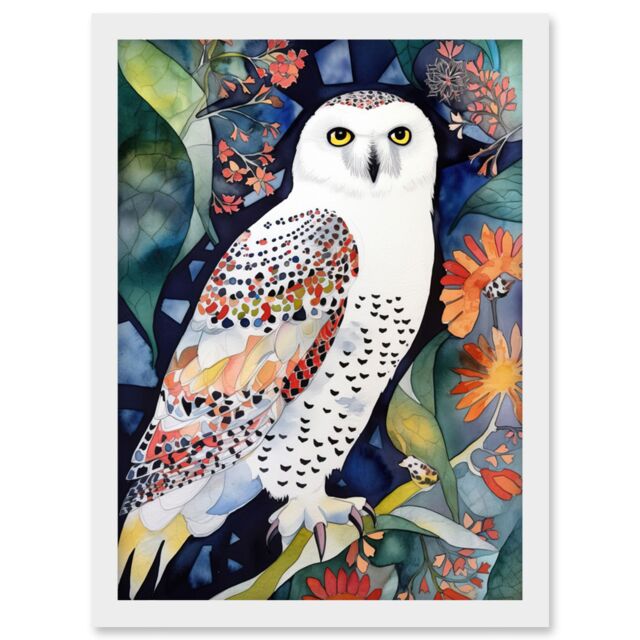 Artery8 Snowy Owl On Blooming Tree Folk Art Artwork Framed Wall Art Print A4 in White - image 1