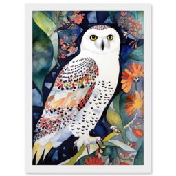 Artery8 Snowy Owl On Blooming Tree Folk Art Artwork Framed Wall Art Print A4 in White - thumbnail 1
