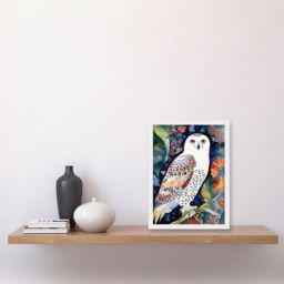 Artery8 Snowy Owl On Blooming Tree Folk Art Artwork Framed Wall Art Print A4 in White - thumbnail 2