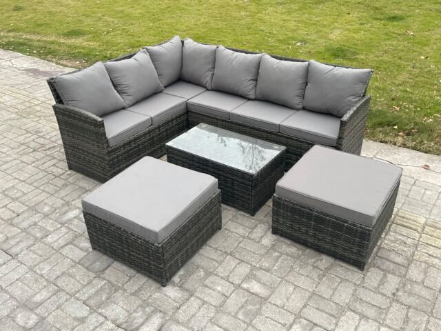 Fimous 8 Seater Rattan Lounge Corner Sofa Set Wicker PE Outdoor Garden Furniture Set with Coffee Table 2 Big Fotstools in Dark Grey - image 1