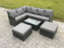 Fimous 8 Seater Rattan Lounge Corner Sofa Set Wicker PE Outdoor Garden Furniture Set with Coffee Table 2 Big Fotstools in Dark Grey - thumbnail 1