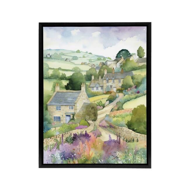 "Artery8 Countryside Landscape With Cottages Framed Canvas Wall Art Print in Green - Size: W18"" x H24""" - image 1