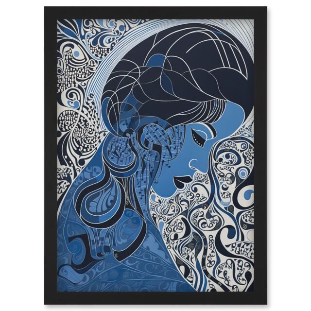 Artery8 Melancholy in Blue Woman Modern Folk Art Portrait Artwork Framed Wall Art Print A4 in Black - image 1