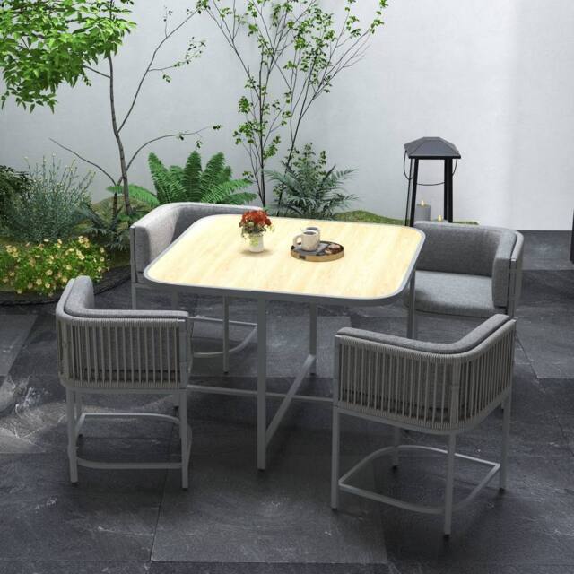OUTSUNNY 5 PCs Rattan Dining Sets, Cube Garden Furniture with Space-saving Design, Grey - image 1