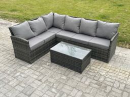 Fimous Rattan Lounge Corner Sofa Set Wicker PE Outdoor Garden Furniture Set with Rectangular Coffee Table Dark Grey Mixed - thumbnail 2