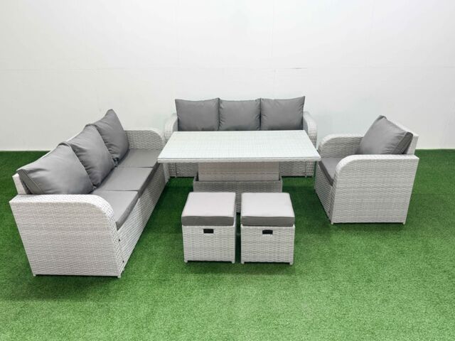 Fimous 9 Seater Poly Rattan Outdoor Garden Furniture Adjustable Lifting Dining or Coffee Table Sofa Set Patio 3 Seater Sofa Reclining Chair 3 Seater - image 1