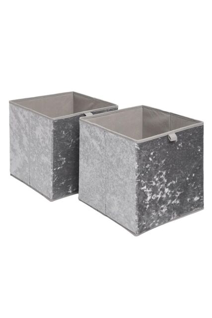 OHS Pair of 2 Crushed Velvet Stylish Folding Storage Box Cube in Dark Grey - image 1
