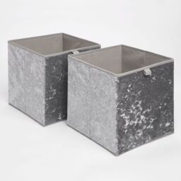 OHS Pair of 2 Crushed Velvet Stylish Folding Storage Box Cube in Dark Grey - thumbnail 2