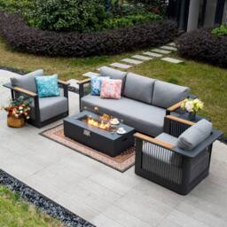 MIMO Garden Full Aluminum Rope Weave Sofa Set with Iron Fire Pit Table in Grey - Size: 1 Pack