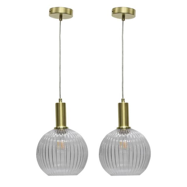 First Choice Lighting Set of 2 Betchley - Clear Ribbed Glass Globe Satin Brass Deco Pendants - image 1