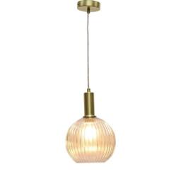 First Choice Lighting Set of 2 Betchley - Clear Ribbed Glass Globe Satin Brass Deco Pendants - thumbnail 3