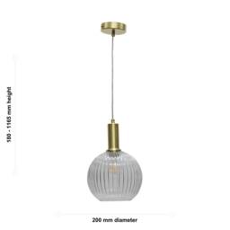 First Choice Lighting Set of 2 Betchley - Clear Ribbed Glass Globe Satin Brass Deco Pendants - thumbnail 6