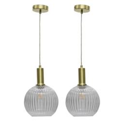 First Choice Lighting Set of 2 Betchley - Clear Ribbed Glass Globe Satin Brass Deco Pendants - thumbnail 1