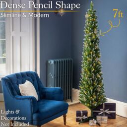 Christow Slim Christmas Tree 5ft 6ft 7ft Artificial Snow Frosted Corner Pencil Xmas Spruce in Green - thumbnail 2