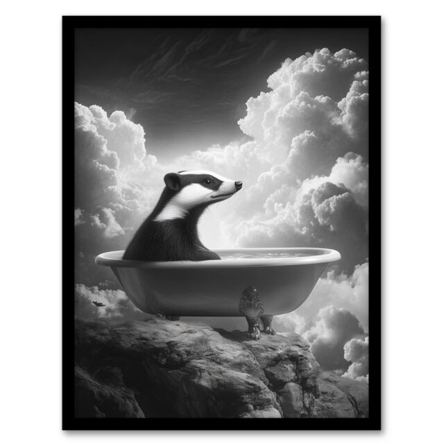 "Artery8 Badger in Bathtub on a Mountain Cliff Black White Framed Art Print in Grey - Size: W12"" x H16""" - image 1