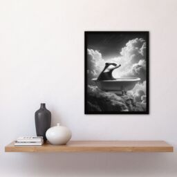 "Artery8 Badger in Bathtub on a Mountain Cliff Black White Framed Art Print in Grey - Size: W12"" x H16""" - thumbnail 4