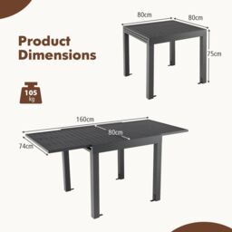 Costway 80 160cm Expandable Patio Dining Table Outdoor Rectangular Aluminum Table for 4 6 Person in Grey - thumbnail 2