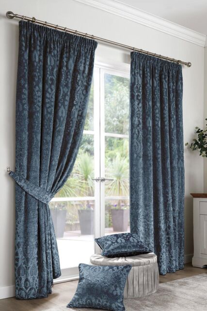 Curtina 'Trinity' Velvet Ornamental Floral Pair of Pencil Pleat Curtains in Blue - Size: 168 cm width x 229 cm drop - image 1