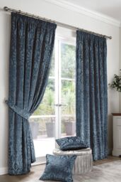 Curtina 'Trinity' Velvet Ornamental Floral Pair of Pencil Pleat Curtains in Blue - Size: 168 cm width x 229 cm drop - thumbnail 1