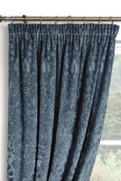 Curtina 'Trinity' Velvet Ornamental Floral Pair of Pencil Pleat Curtains in Blue - Size: 168 cm width x 229 cm drop - thumbnail 2