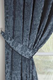 Curtina 'Trinity' Velvet Ornamental Floral Pair of Pencil Pleat Curtains in Blue - Size: 168 cm width x 229 cm drop - thumbnail 3