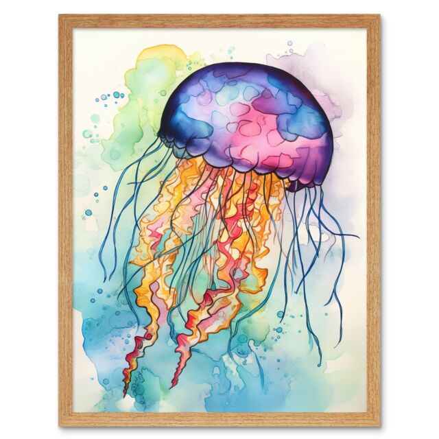 "Artery8 Wall Art Print Jellyfish Swimming Folk Art Watercolour Painting Art Framed in Light Oak - Size: W12"" x H16""" - image 1